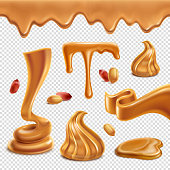 Peanut butter nutritious food spread paste  figures melted puddles droplets border realistic set transparent background vector illustration
