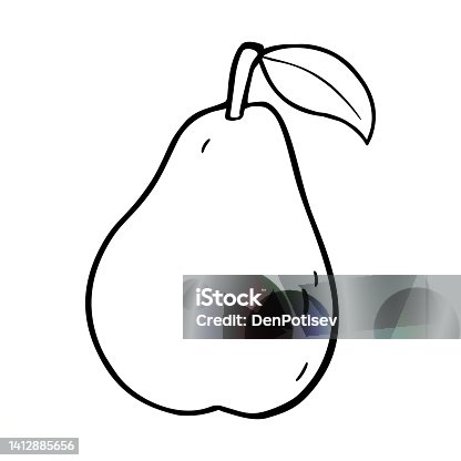 istock Pear whole with leaf. Vintage vector black illustration isolated on white 1412885656