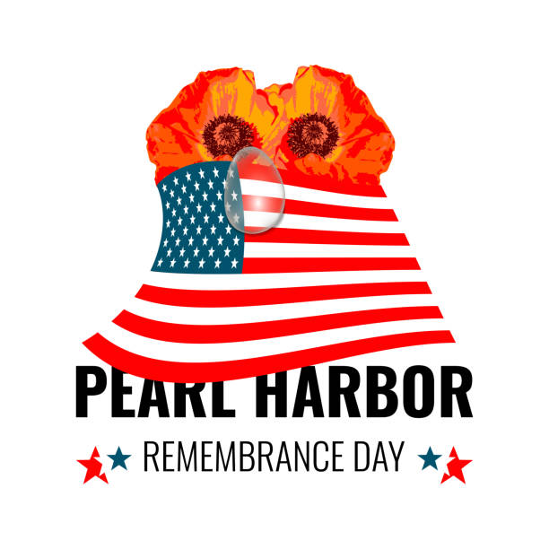 pearl harbor'ı anma günü. pankart, afiş, kart, abd ulusal bayrağında yırtık olan afiş ve iki kırmızı çiçek haşhaş. vektör çizimi - pearl harbor stock illustrations