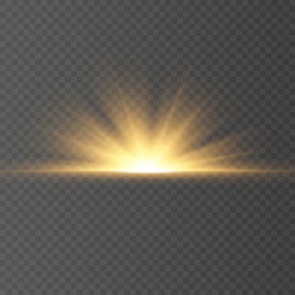 pecial design of sunlight or light effect. Sunset or sunrise. Sun beams. Bright flash. Light background. Decor element. Vector illustration for decorating. Isolated transparent background.