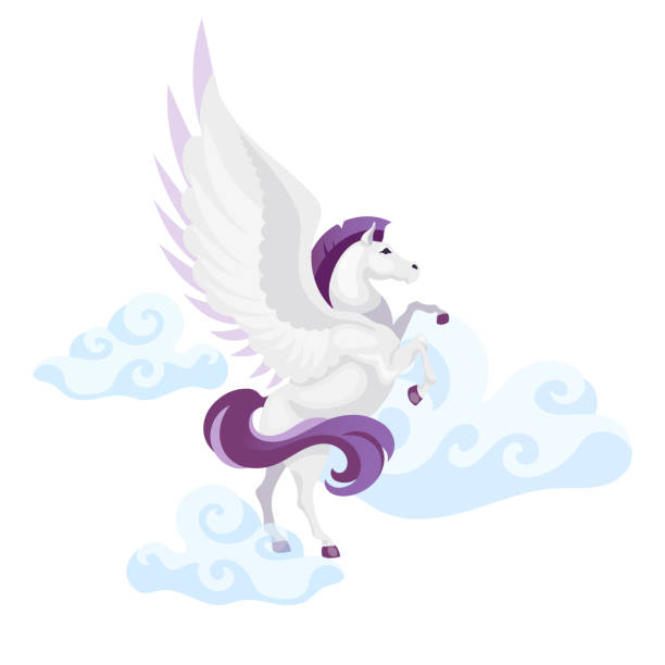 Pegasus flat vector illustration. Mythological creature fly in air. Fantastical beast in sky. Greek mythology. Freedom symbol. Horse with wings isolated cartoon character on white background  pegasus stock illustrations