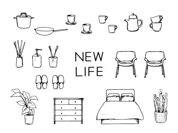 Pen drawing set of furniture. Pen drawing set of furniture. bed furniture drawings stock illustrations