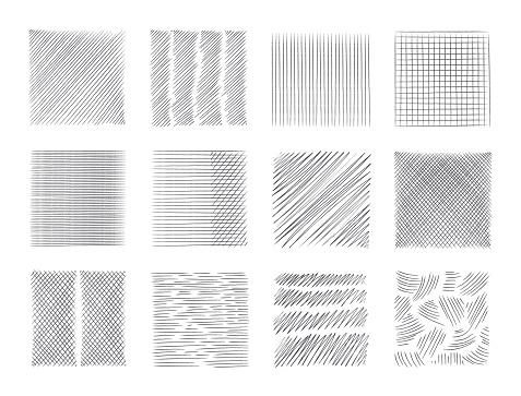 Pencil sketch line. Pen scribble effects. Doodle freehand sketchy clipart. Messy hand drawn monochrome pattern. Square shapes with outline grunge ornaments. Vector black rough hatching textures set