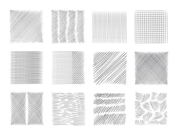 Pencil sketch line. Pen scribble effects. Doodle freehand sketchy clipart. Messy hand drawn monochrome pattern. Square shapes with outline ornaments. Vector black hatching textures set vector art illustration