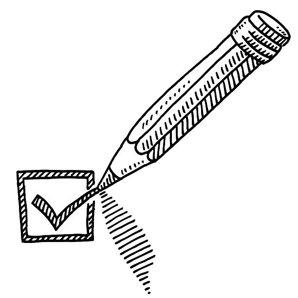 Pencil Tick Mark Drawing Hand-drawn vector drawing of a Pencil and a Tick Mark. Black-and-White sketch on a transparent background (.eps-file). Included files are EPS (v10) and Hi-Res JPG. voting drawings stock illustrations
