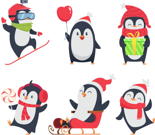 Penguin characters. Cartoon winter illustrations of wildlife animals in various action pose vector mascot design Penguin characters. Cartoon winter illustrations of wildlife animals in various action pose vector mascot design. Penguin arctic north, happy bird activity, snowboard and sleigh illustration penguin stock illustrations