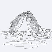 A couple of penguins share a quick cuddle on the cold ground.