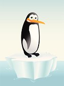Fully editable vector illustration of a cartoon penguin sitting on an iceberg in the ocean.