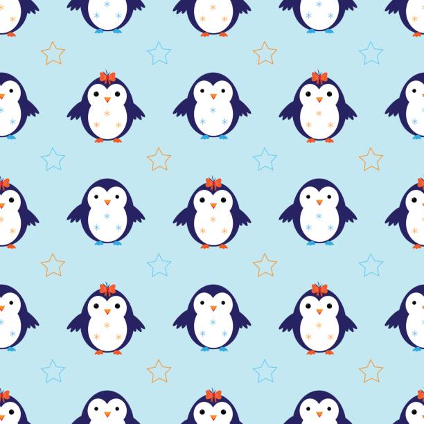 Penguin snowflake seamless pattern vector  baby penguin stock illustrations