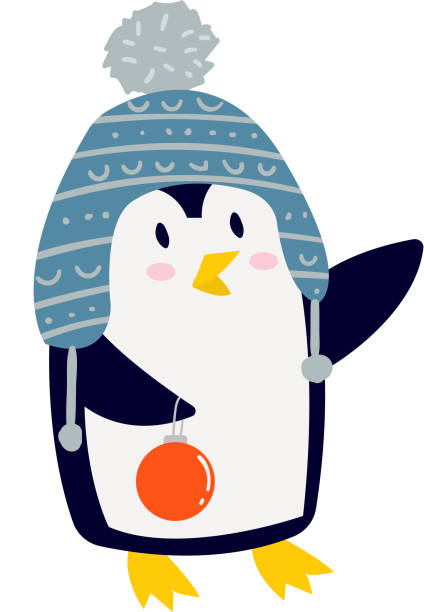 Penguin vector character Penguin vector illustration character. Cartoon funny penguin cute character isolated. Penguin vector cute bird posing. Holiday penguin holding new year tree ball toy baby penguin stock illustrations
