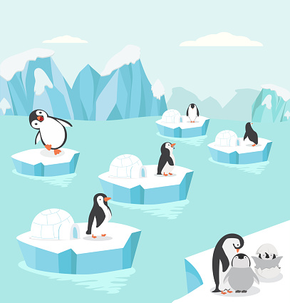 Penguins in North pole Arctic set background
