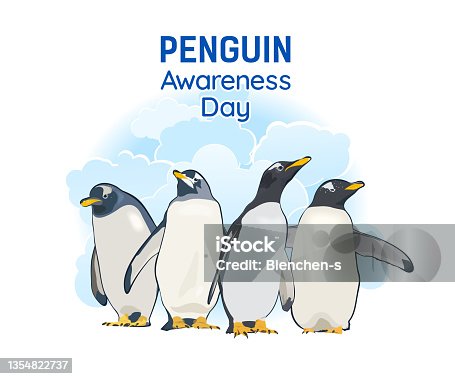 istock Penguins on a background of blue clouds 1354822737