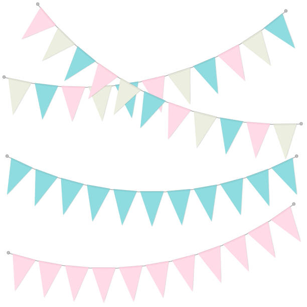 Pennant banner garland, vector illustration. Hanging triangle flags pastel color. Holiday party bunting Pennant banner garland, vector illustration. Hanging triangle flags pastel color. Holiday party bunting. baby shower stock illustrations
