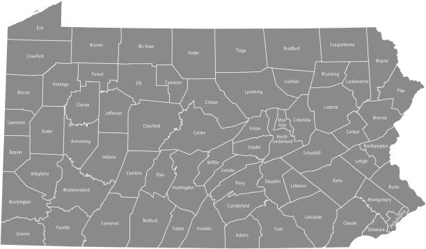 펜실베니아 군 지도 벡터 개요 회색 배경입니다. 테두리 및 군 이름 표시와 함께 미국 펜실베니아 주 지도 - 펜실베이니아 stock illustrations