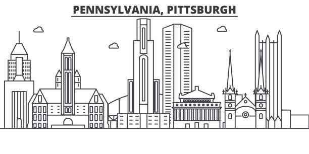 펜실베니아 피츠버그 건축 선 스카이 라인 일러스트입니다. 유명한 랜드마크, 시티 명소와 선형 벡터 풍경 디자인 아이콘. 편집 가능한 선 프리 - 피츠버그 stock illustrations