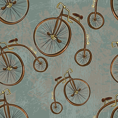 Pennyfarthing bicycle Steampunk repeating seamless pattern