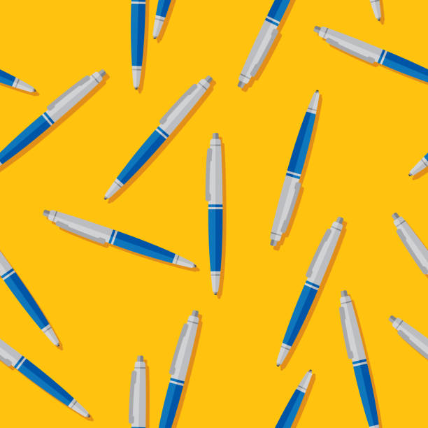 Pens Pattern Flat Vector illustration of pens in a repeating pattern against a yellow background. writing activity designs stock illustrations