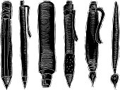 Variety of writing tools in reverse ink style, black and white - vector illustration
