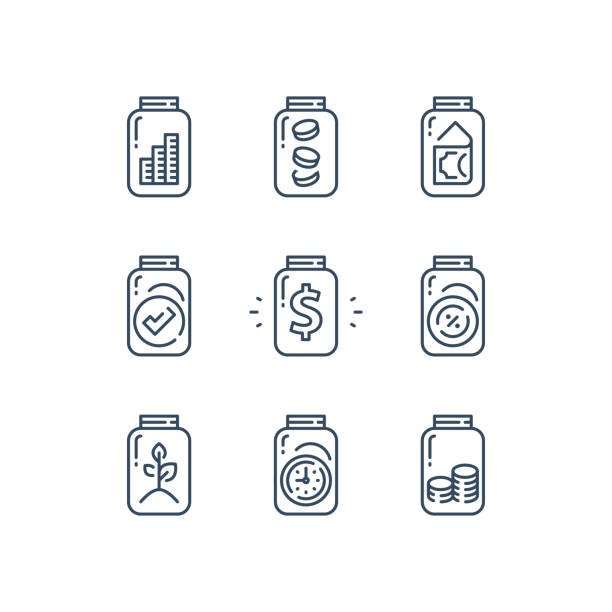 Pension fund, saving money for future, financial security, budget planning, glass jar and money Pension fund, saving money for future, financial security, budget planning, glass jar and money, coin stack, fundraising or donation concept, vector line icon set jar stock illustrations