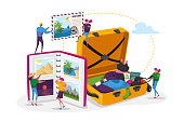 istock People After Vacation Spare Time. Tiny Characters Men and Women Watching Photo Album, Take Out d Souvenirs from Suitcase 1263724088