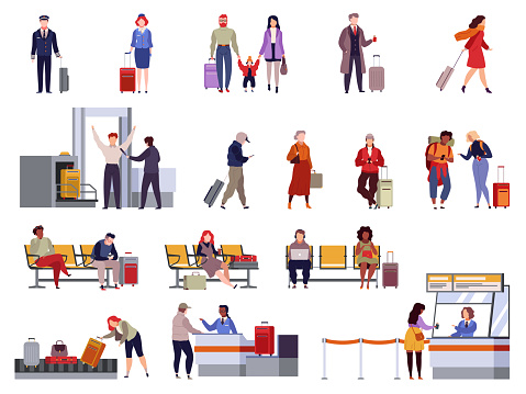 People airport set. Family travel registration passport control checkpoint security airport terminal luggage passenger vector isolated