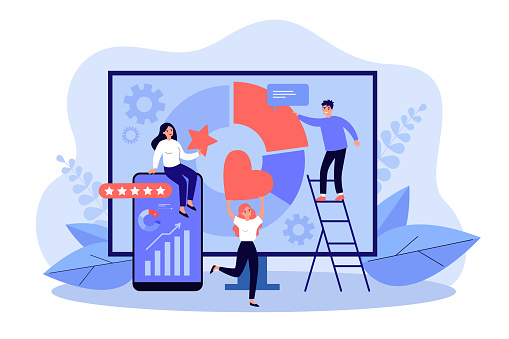 People analyzing social media statistics. Professional SEO analytics on computer screen flat vector illustration. Brand reputation management concept for banner, website design or landing web page
