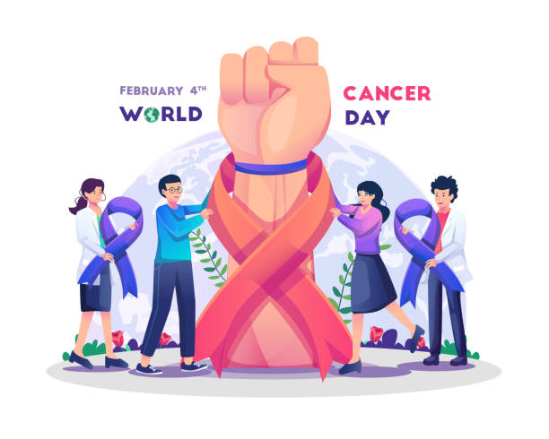 ilustrações de stock, clip art, desenhos animados e ícones de people and doctors are united against cancer with a giant raised hand with a clenched fist and red ribbon on wrist symbol of world cancer awareness on flat style vector illustration - world cancer day