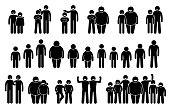 Stick figures pictogram depict average, tall, short, fat, and thin body figures of human.