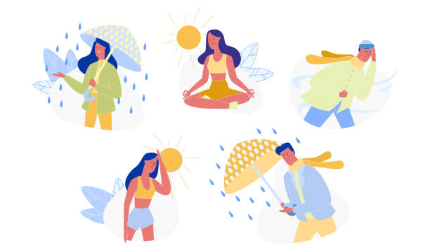 People and Seasons, Different Weather Set Isolated People and Seasons Set Isolated on White Background. Young Male and Female Characters at Different Weather. Summer, Autumn, Spring, Winter Time. Sun, Rain, Heat, Cold Cartoon Flat Vector Illustration. rain illustrations stock illustrations