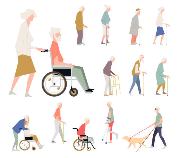 ilustrações de stock, clip art, desenhos animados e ícones de people are disabled on the street. pensioners on a wheelchair. a person with limited abilities. characters in a flat style standing. - wheelchair street happy