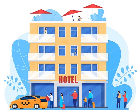 People arrive to hotel, men and women with baggage, vector illustration