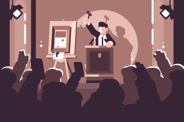 People at auction of art flat poster People at auction of art flat poster. Auction process with man holding gavel behind special stand near picture and human raised hands and bidding in front of him vector illustration auction stock illustrations