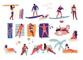 People at beach. Cartoon characters doing summer activities, surfing and swimming sunbathing. Vector outdoor vacation collection with sitting guy and girl on sun loungers