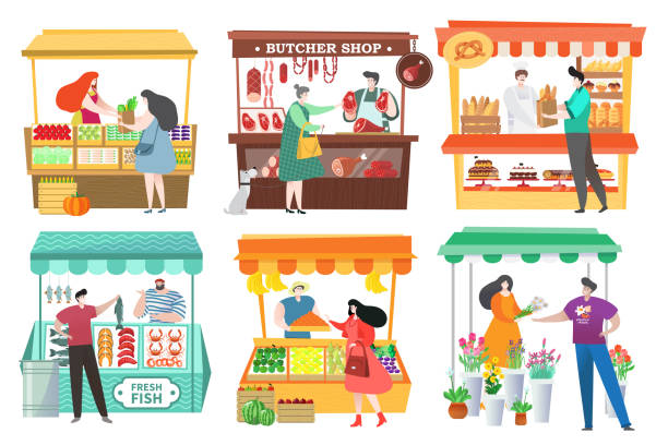 People at food market buy and sell farm products, fruit and vegetable stall, vector illustration People at food market buy and sell farm products, fruit and vegetable stall, vector illustration. Healthy food at marketplace, men and women cartoon characters. Butcher shop, bakery and seafood market bakery illustrations stock illustrations
