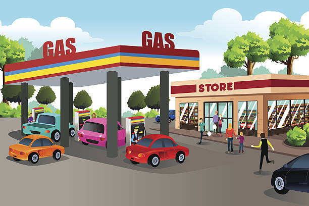 People at Gas Station and Convenience Store vector art illustration