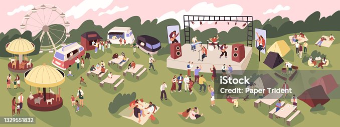 istock People at open-air music festival with rock band on stage, tents and food trucks. Crowd at summer concert in nature for adults and children. Flat vector illustration of outdoor live performance. 1329551832
