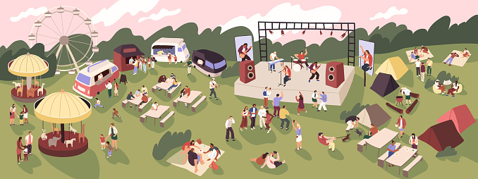 People at open-air music festival with rock band on stage, tents and food trucks. Crowd at summer concert in nature for adults and children. Flat vector illustration of outdoor live performance.
