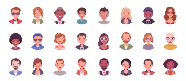 People avatar big bundle set People avatar big bundle set. User pic, different human face icons for representing person in a video game, Internet forum, account. Vector flat style cartoon illustration isolated on white background midsection stock illustrations