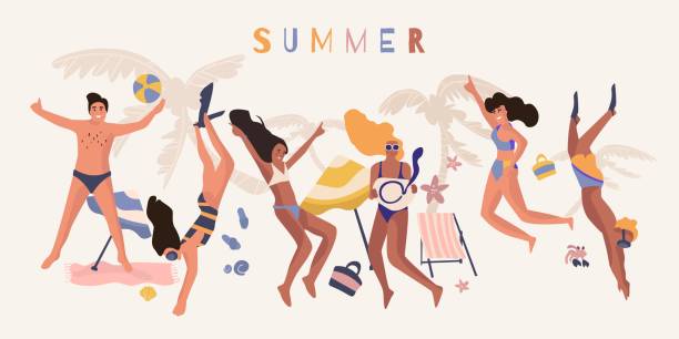 People beach banner. Happy friend on summer vacation cartoon poster, diverse young people on beach party. Vector poster People beach banner. Happy friend on summer vacation cartoon poster, diverse young people on beach party. Vector poster beautiful group women and men outdoors smoothie silhouettes stock illustrations
