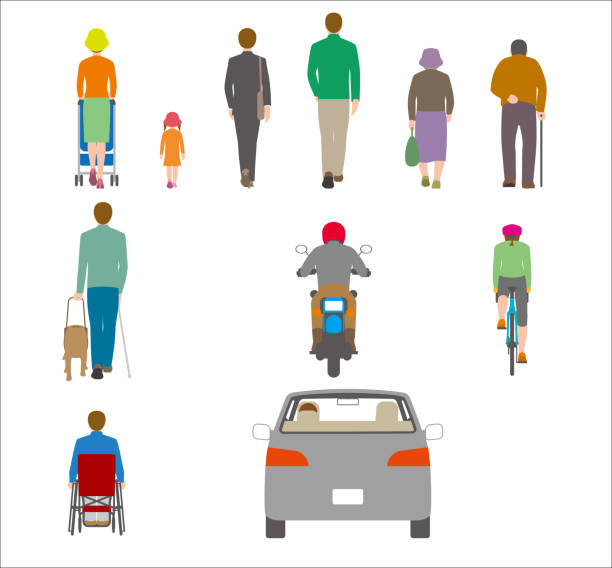 People, bicycles, automobiles. Illustration seen from the back People, traffic rear view stock illustrations