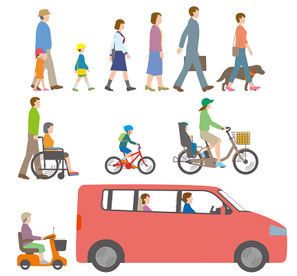 People, bicycles, automobiles. Illustration seen from the side.