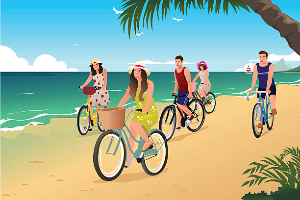 stockillustraties, clipart, cartoons en iconen met people biking on the beach - fietsen strand