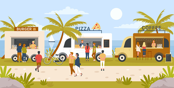 People buy food at city festival street market vector illustration. Cartoon woman man characters walking in outdoor fair market among kiosk stalls with pizza, burger van and coffee truck background