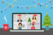 Video conference with people group in winter costumes, meeting online. Friends talking on video and celebrating Christmas. New normal and covid-19 concept. Flat design vector illustration