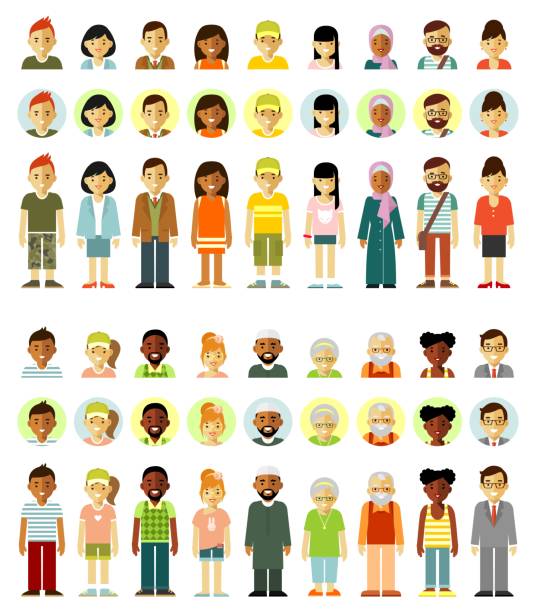 ilustrações de stock, clip art, desenhos animados e ícones de people characters standing together set - de corpo inteiro