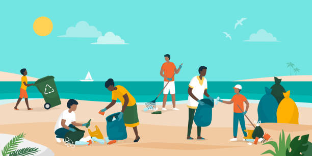 ilustrações, clipart, desenhos animados e ícones de povos que cleaaning acima da praia e que removem o lixo - gari
