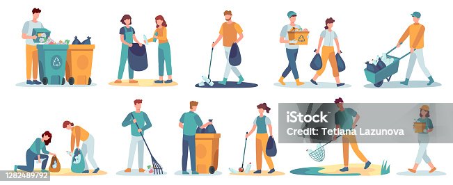 istock People clean up garbage. Volunteers gathering trash for recycle. Characters cleaning environment from litter. Waste collectors vector set 1282489792