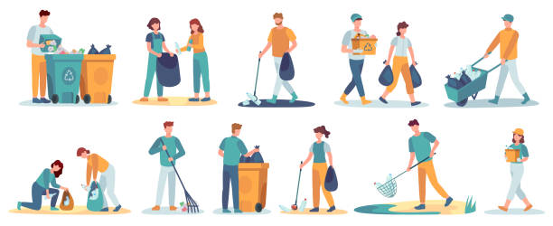 사람들은 쓰레기를 청소합니다. 재활용을 위해 쓰레기를 모으는 자원봉사자들. 캐릭터 는 쓰레기에서 환경을 청소합니다. 폐기물 수집가 벡터 세트 - 자원봉사 일러스트 stock illustrations