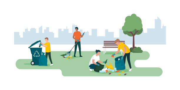 People cleaning a city park together and collecting waste People volunteering and cleaning up a city park together, they are collecting and separating waste, environmental care concept garbage stock illustrations