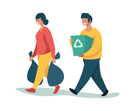 People cleaning garbage. Cartoon characters sorting and recycling waste. Happy volunteers carry bags and box with rubbish to trash can. Vector couple protecting environment and ecology